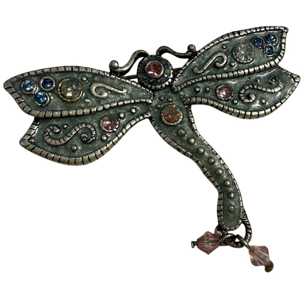 Vintage AAI Dragonfly Brooch Enamel Rhinestone Silver Tone Dangle Pin